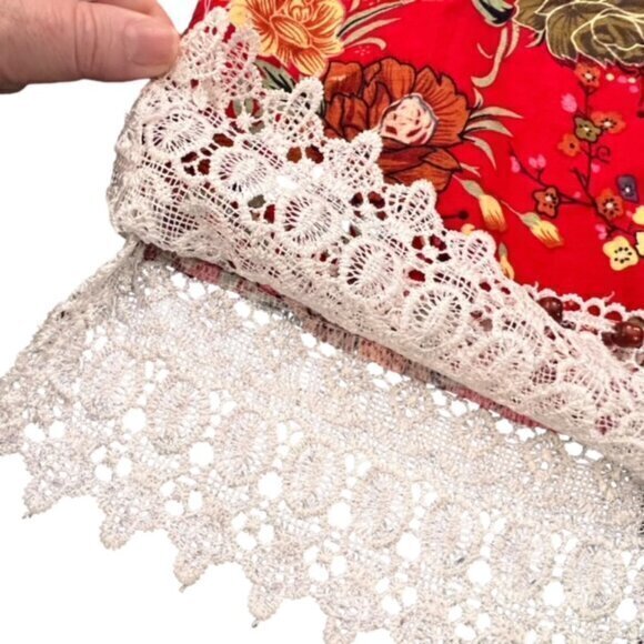 Beaded Crochet Trim Halter Tank Top Red‎ Floral XS S BOHO Hippie Western Beach - Picture 3 of 12